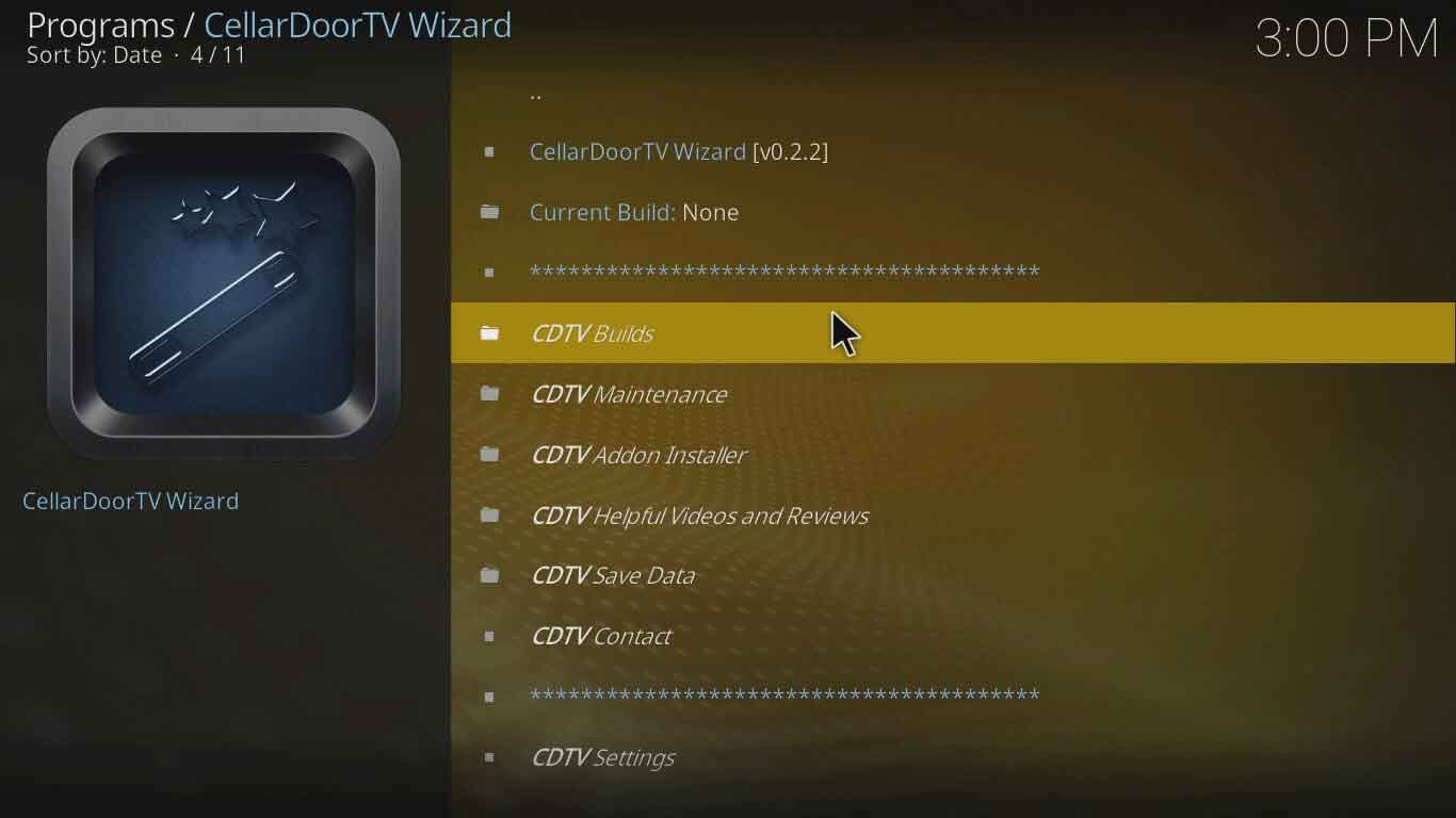 Cấu hình kodi của Cellardoor TV Wizard